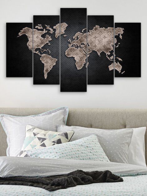 Модульна картина на стіну у вітальню/спальню "Карта світу чорний тонах LV" 5 частин 80 x 140 см (MK50232)