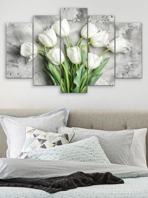 Модульна картина велика у вітальню/спальню "Білі тюльпани" 5 частин 80 x 140 см (MK50170)