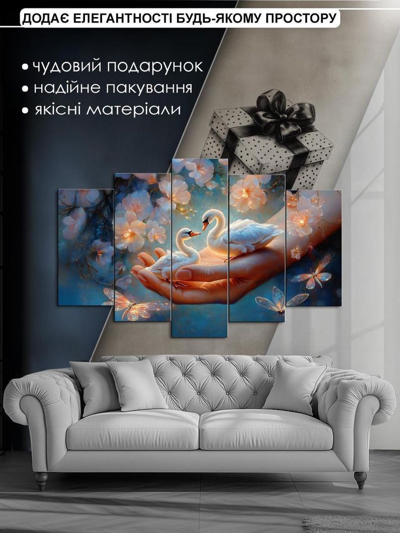 Модульная картина MAKO " Лебеди в ладонях с бабочками " 80x125 см MK50583