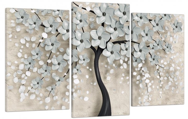 Модульна картина у вітальню/спальню для інтер'єру "Абстракція - дерево з квітами" 3 частини 53 x 100 см (MK30149_E)
