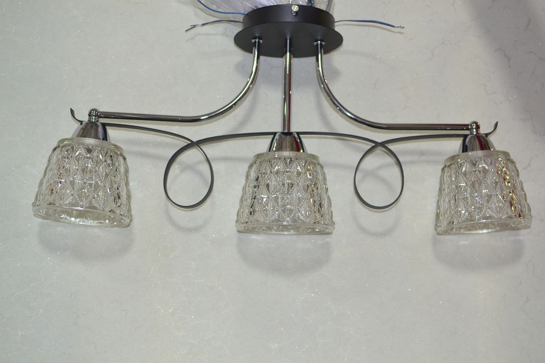 Люстра прозрачные стеклянные плафоны серебро 3 лампы, Хром, Хром