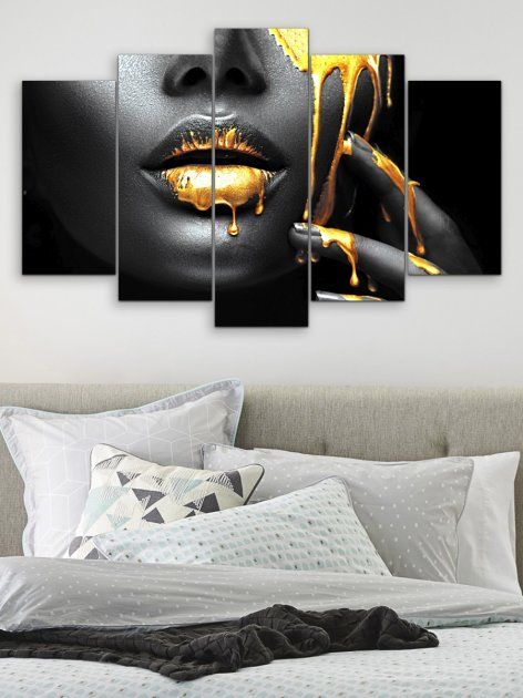 Модульная картина на стену в гостиной/спальне "Черно-белая девушка в золоте" 5 частей 80 x 140 см (MK50234)
