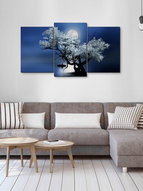 Модульная картина в гостиную/спальню для интерьера "Одинокое дерево в свете луны" 3 части 53 x 100 см (MK30065_E)
