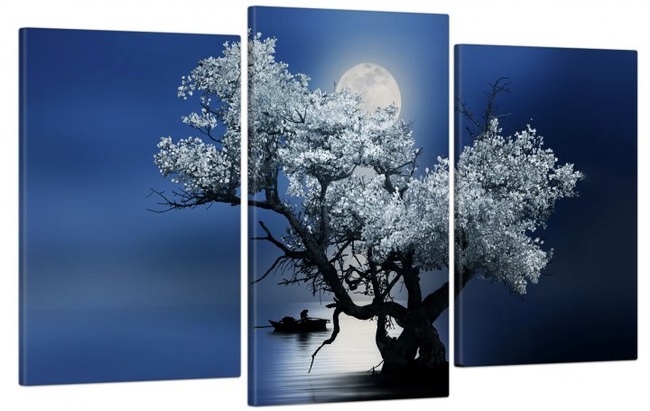 Модульна картина у вітальню / спальню для інтер'єру "Самотнє дерево в світлі місяця" 3 частини 53 x 100 см (MK30065_E)