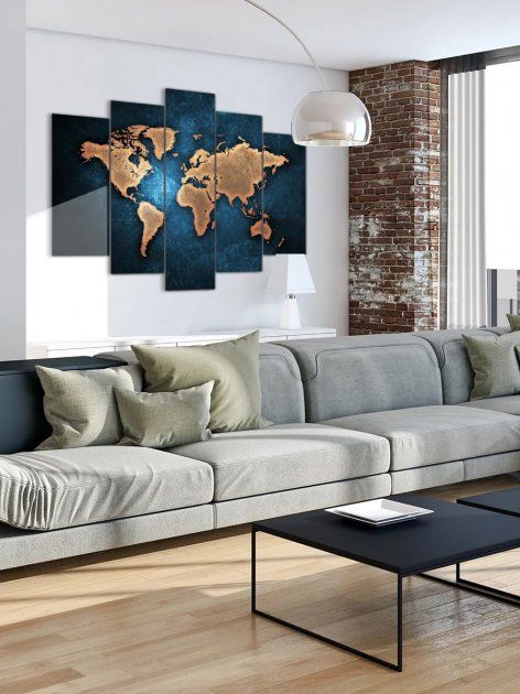 Модульна картина велика у вітальню / спальню "Карта світу в блакитних тонах" 5 частин 80 x 140 см (MK50043)