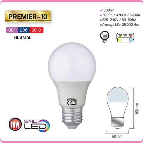 Светодиодные LED лампы E27 10W "PREMIER-10" 6400К, 4200К, 3000К A60