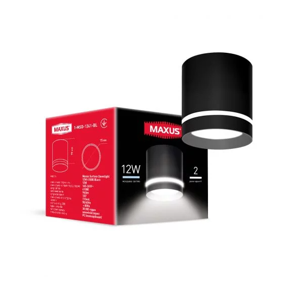 Светильник светодиодный Maxus Surface Downlight 12W 4100K Black, Черный, Черный