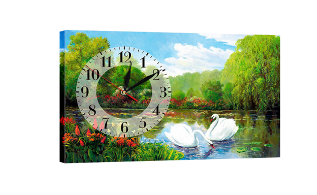 Часы настенные на холсте без стекла Озеро с лебедями 30 см х 53 см (8478 - K-106)