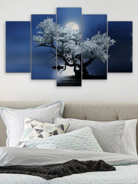 Модульна картина велика у вітальню / спальню "Самотнє дерево в світлі місяця" 5 частин 80 x 140 см (MK50065)