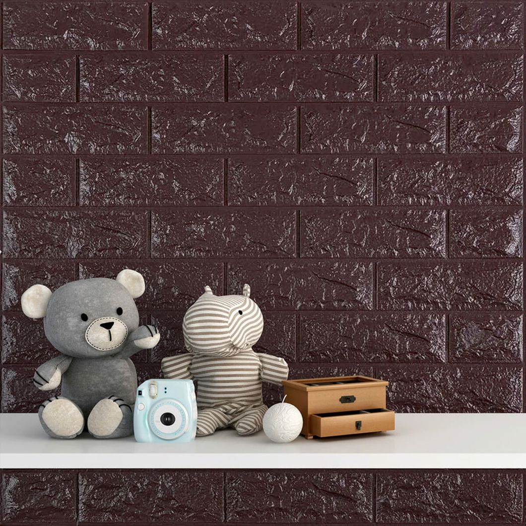 Панель стеновая самоклеящаяся декоративная 3D под кирпич цвета баклажан-кофе 700х770х7мм (018-7), Бордовый, Бордовый