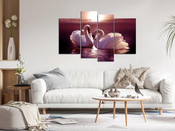 Модульна картина у вітальню/спальню для інтер'єру "Білі лебеді на тлі прекрасного заходу сонця" 4 частини 75 x 118 см (MK40003)