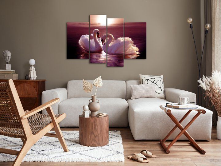 Модульна картина у вітальню/спальню для інтер'єру "Білі лебеді на тлі прекрасного заходу сонця" 4 частини 75 x 118 см (MK40003)
