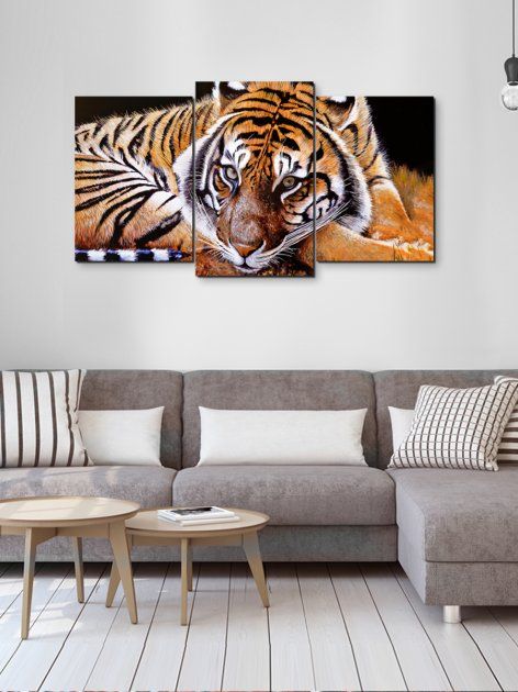 Модульна картина у вітальню / спальню для інтер'єру "Тигр" 3 частини 53 x 100 см (MK30227_E)