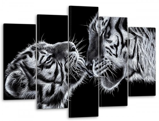 Модульна картина на стіну для інтер'єру "Чорно-білі тигри" 5 частин 80 x 140 см (MK50228)