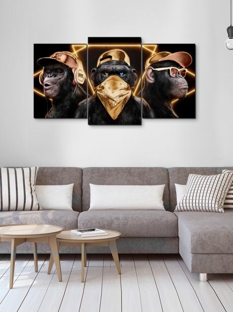 Модульна картина у вітальню/спальню для інтер'єру "Три мудрі мавпи в золоті" 3 частини 53 x 100 см (MK30214_E)