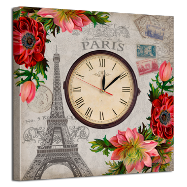 Часы настенные на холсте без стекла Париж цветы 53 см x 53 см (8447 - D9)