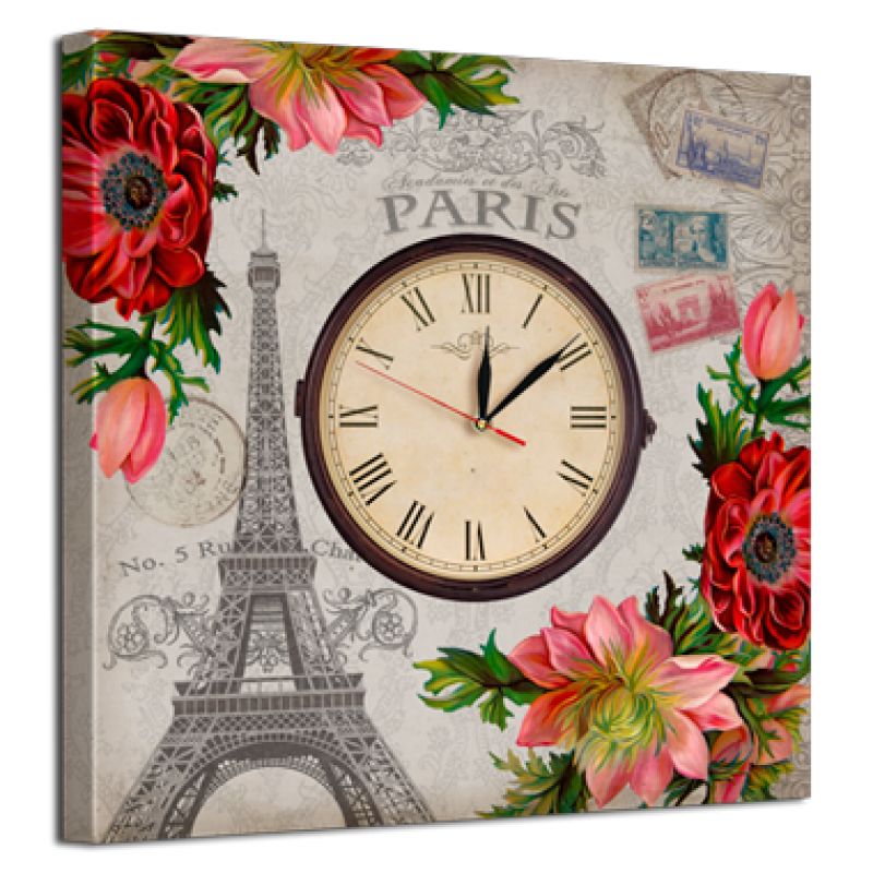 Часы настенные на холсте без стекла Париж цветы 53 см x 53 см (8447 - D9)