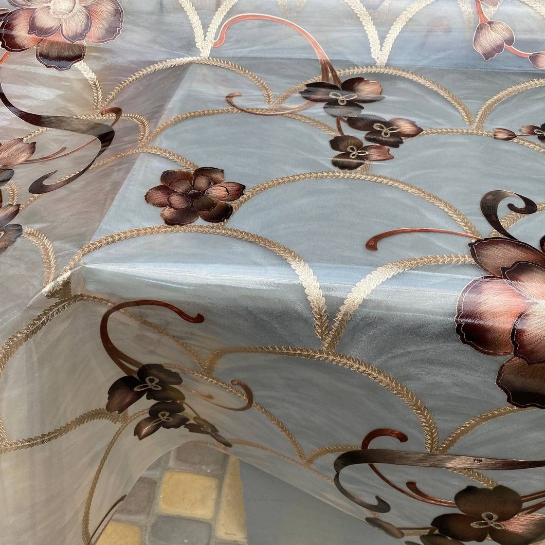 Клейонка на стіл потовщена силіконова ущільнена без основи прозора з квітами 1,35х 1м (100-327), Прозрачный, Прозорий
