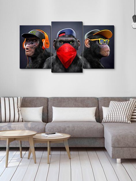 Модульна картина у вітальню/спальню для інтер'єру "Три мудрі мавпи" 3 частини 53 x 100 см (MK30096_E)