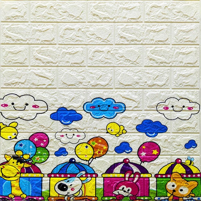 Панель стеновая самоклеящаяся декоративная 3D под кирпич Паровозики 700х770х6мм (102), Белый, Белый