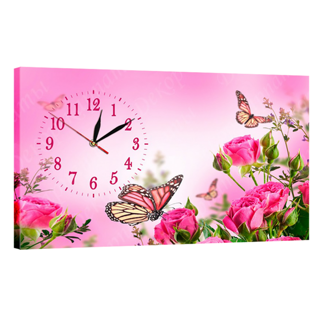 Годинник настінний на полотні без скла Троянди з метеликами 30 см х 53 см (4346 - З 786)