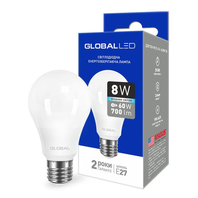 Лампа светодиодная GLOBAL LED, MAXUS, А60 8W Е27, яркий свет