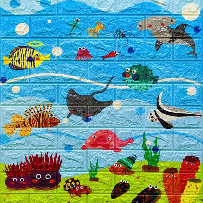 Панель стеновая самоклеящаяся декоративная 3D под кирпич Подводный мир 700х770х6мм (103), Голубой, Голубой