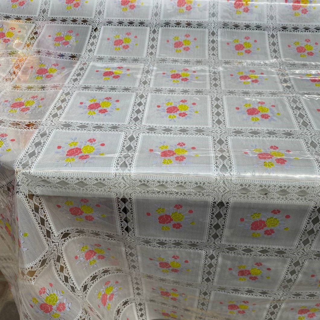 Клеенка на стол силиконовая без основания клетка белая с цветами 1,35 х 1м (100-334), Белый, Белый