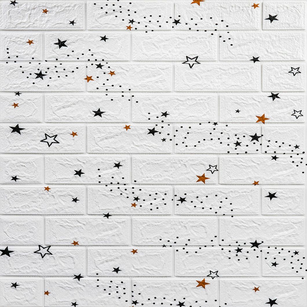 Панель стеновая самоклеящаяся декоративная 3D под белый кирпич Звезды 700х770х5мм (021), Белый, Белый