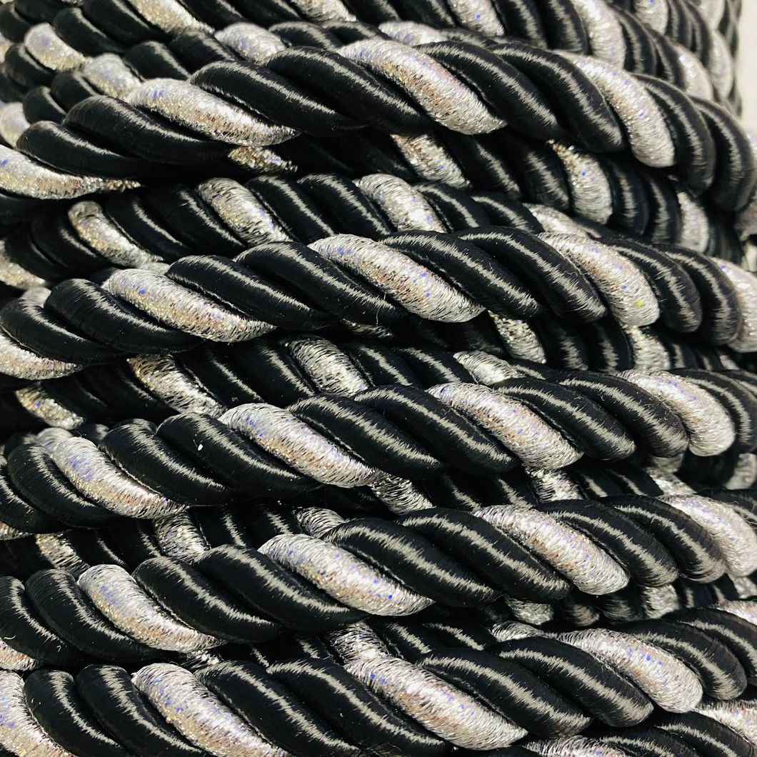 Шнур декоративний кант для натяжних стель чорний зі сріблом 0,011 х 1м (канат 19), Чорно-білий, Чорно-білий