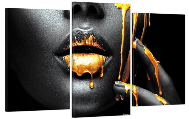 Модульна картина у вітальню / спальню для інтер'єру "Чорно-біла дівчина в золоті" 3 частини 53 x 100 см (MK30234_E)
