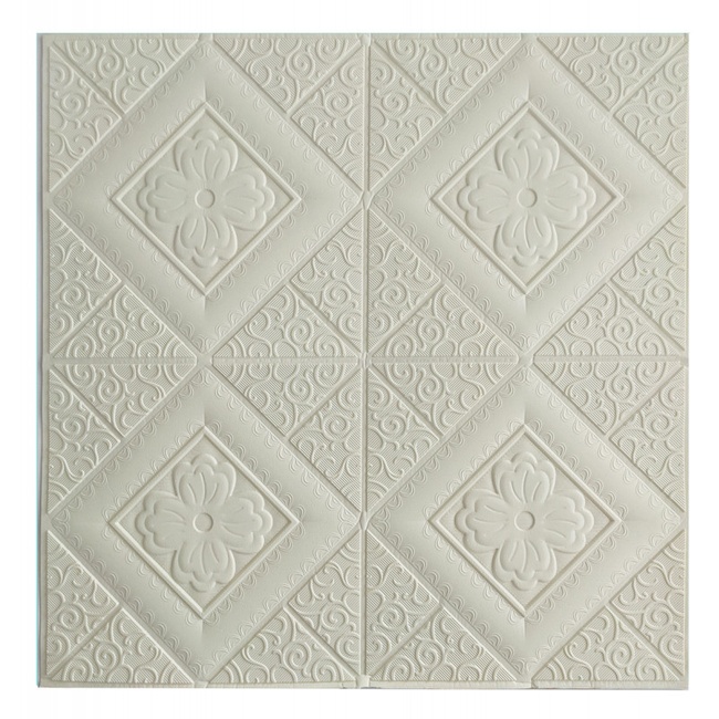 Панель стінова самоклеюча декоративна 3D плитка біла квітка в ромбі 700х700х5мм (174), Білий, Білий