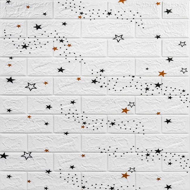 Панель стінова самоклеюча декоративна 3D під білий цегла Зірки 700х770х5мм (021), Білий, Білий
