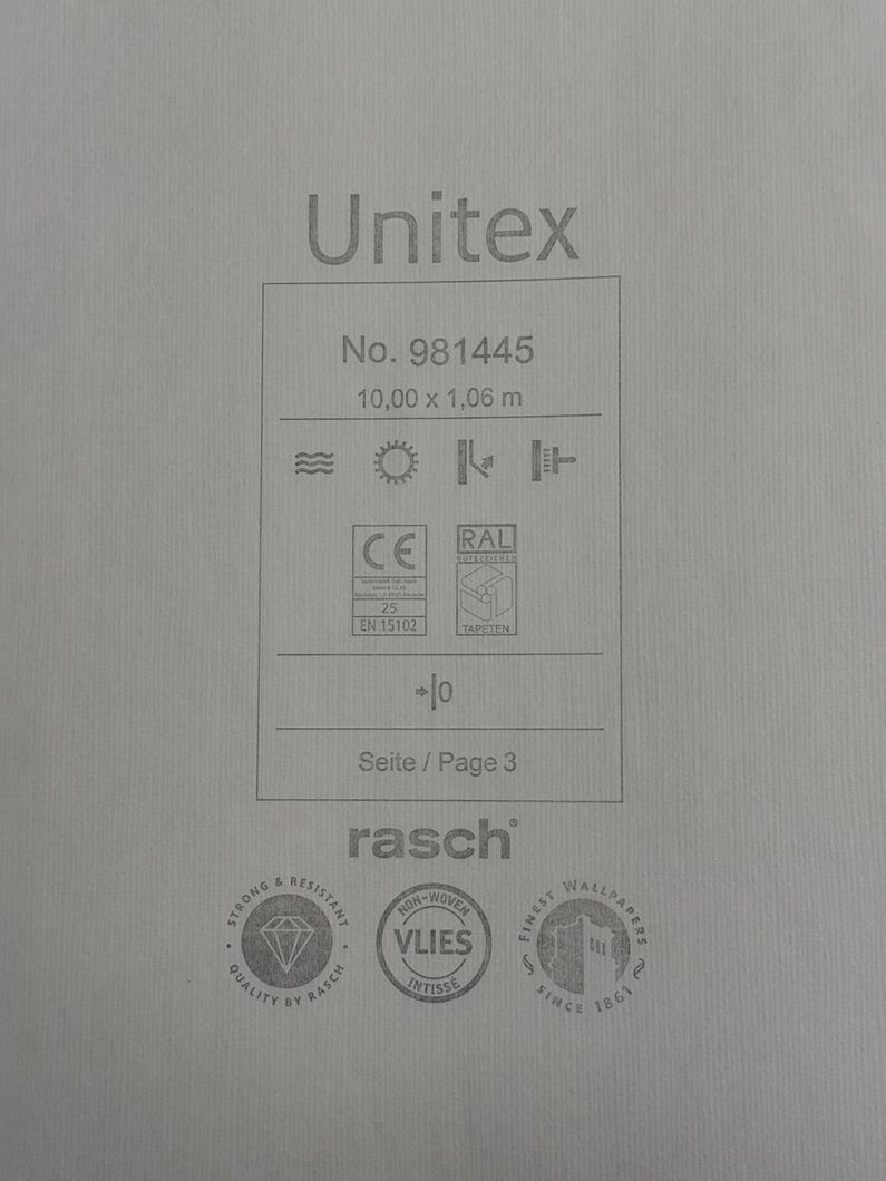 Обои виниловые на флизелиновой основе Rasch Unitex белые 1,06 х 10,05м (981445)