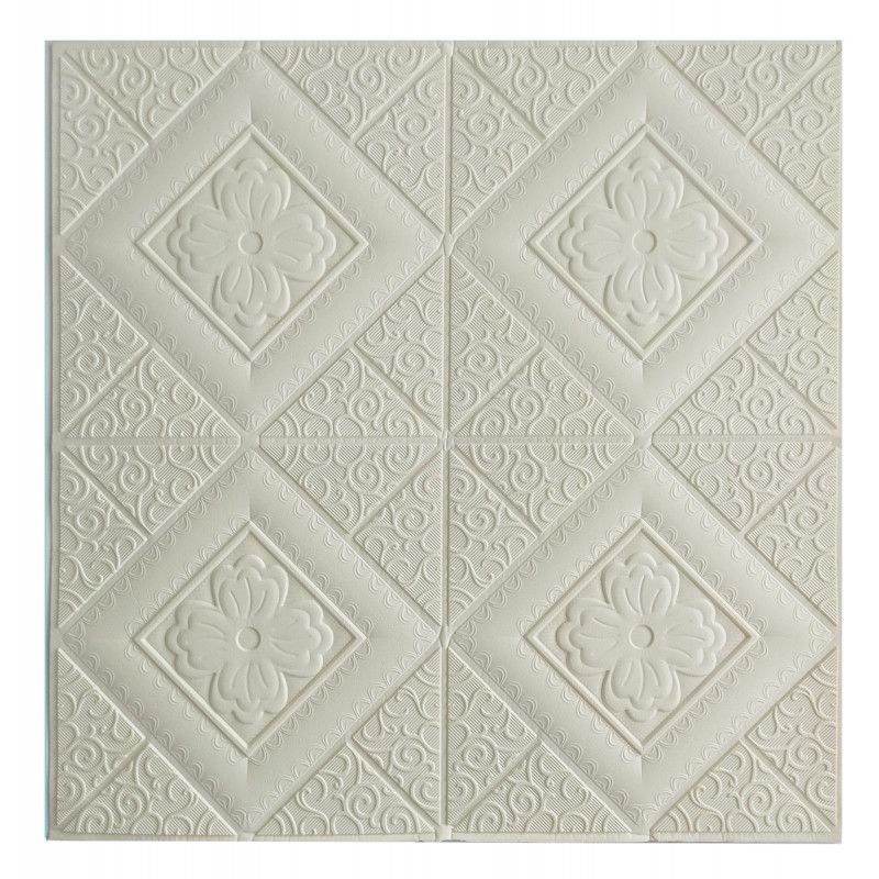 Панель стеновая самоклеящаяся декоративная 3D плитка белый цветок в ромбе 700х700х5мм (174), Белый, Белый