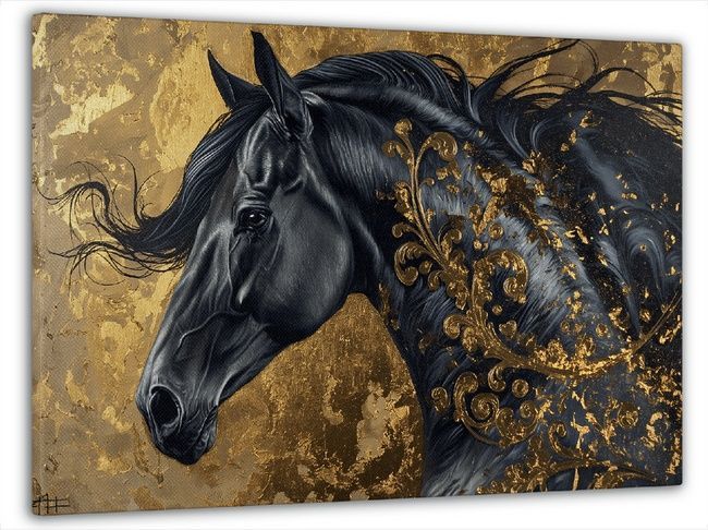 Картина на стену в гостиную / спальню"Черная лошадь на золотом фоне" 60x100 см MN10114