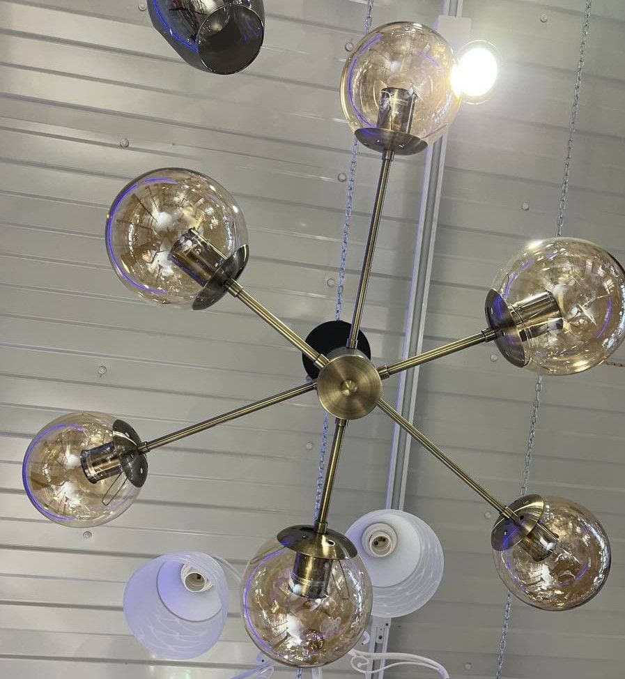 Люстра молекула лофт з бежевими прозорими плафонами 6 ламп, Бронза, Бронза