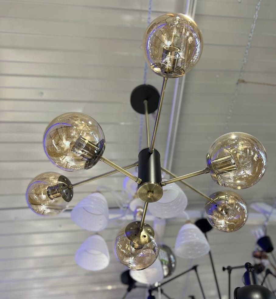 Люстра молекула лофт з бежевими прозорими плафонами 6 ламп, Бронза, Бронза