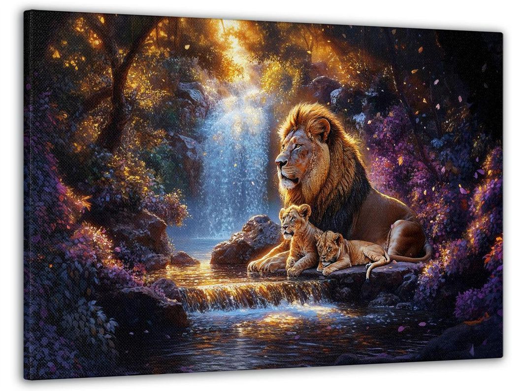 Картина на холсте МАKO " Семья львов на фоне водопада " 60x100 см MK10579