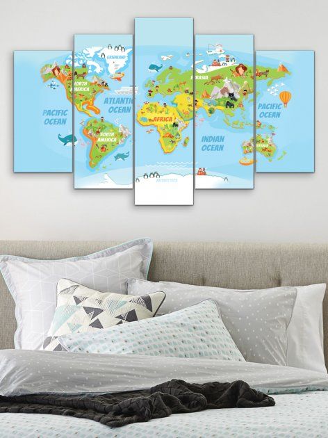 Модульна картина велика у вітальню/спальню для інтер'єру "Дитяча карта світу" 5 частин 80 x 140 см (MK50056)