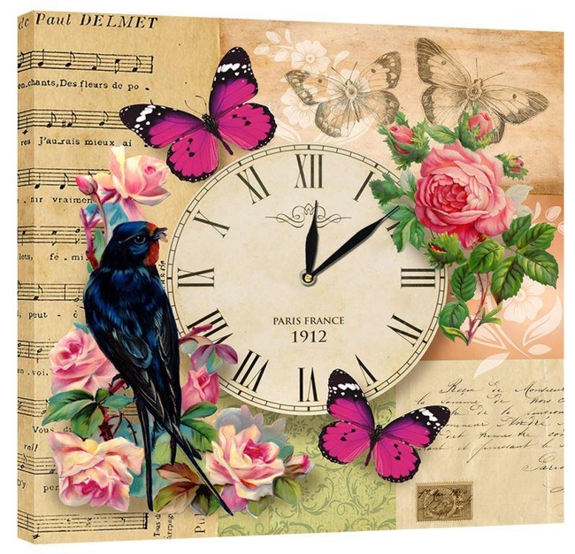 Часы настенные на холсте без стекла Бабочки с птичкой 53 см x 53 см (3995 - D2)