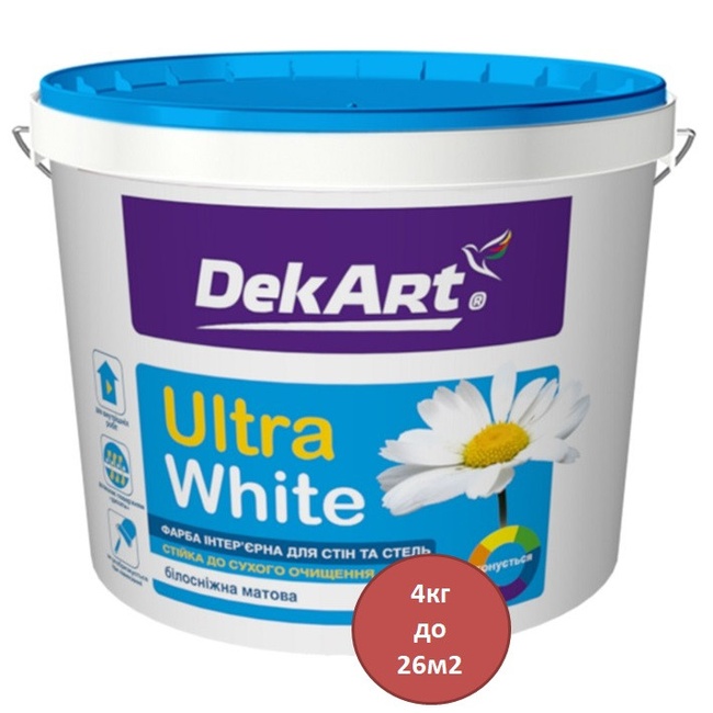 Краска интерьерная для стен и потолков матовая Ultra White Декарт 4 кг (205320), Белый, Белый