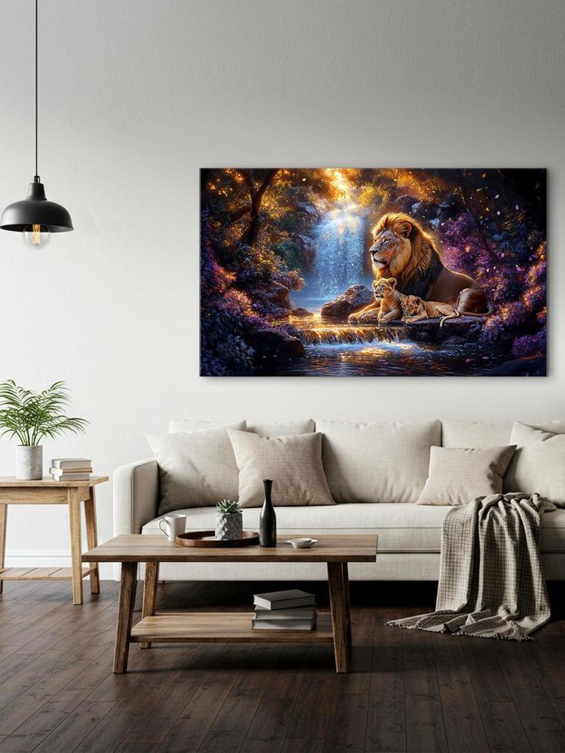 Картина на холсте МАKO " Семья львов на фоне водопада " 60x100 см MK10579