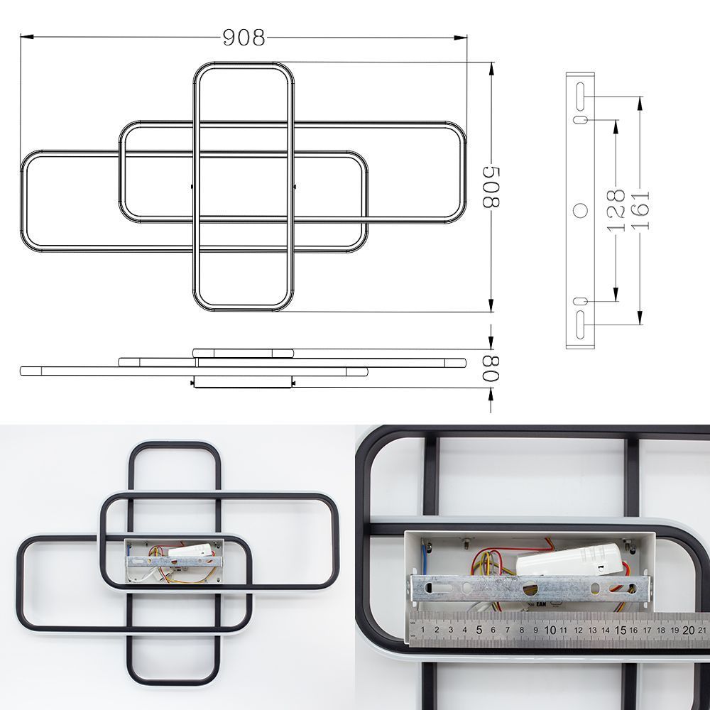 Керована світлодіодна люстра SVEN 90W 3SQ SMART 635x478x80 WHITE/BLACK-220-IP20, чорний; білий