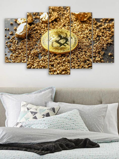 Модульная картина большая в гостиную/спальню для интерьера "Золотой биткоин" 5 частей 80 x 140 см (MK50061)